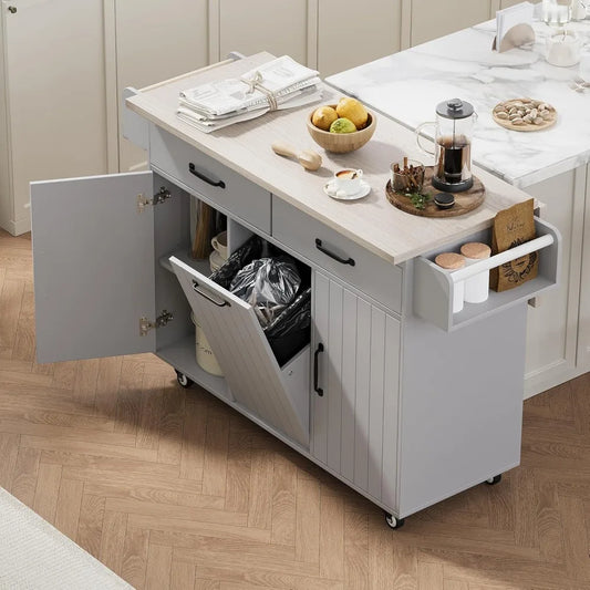 Kitchen Island with Drop Leaf and Trash Can Storage Cabinet, Kitchen Cart Organizer with Drawer,Grey，Kitchen Islands & Trolleys