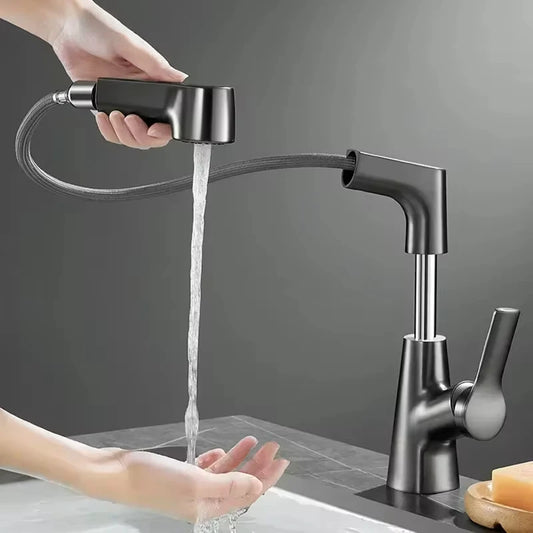 360-Degree Rotating Pull-Out Bathroom Faucet with Hot and Cold Water Control