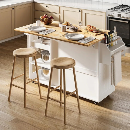 Rolling Kitchen Island with Drop Leaf, 60.6" Width Wood Countertop,Kitchen Carts on Wheels with Large Storage Cabinet,Adjustable