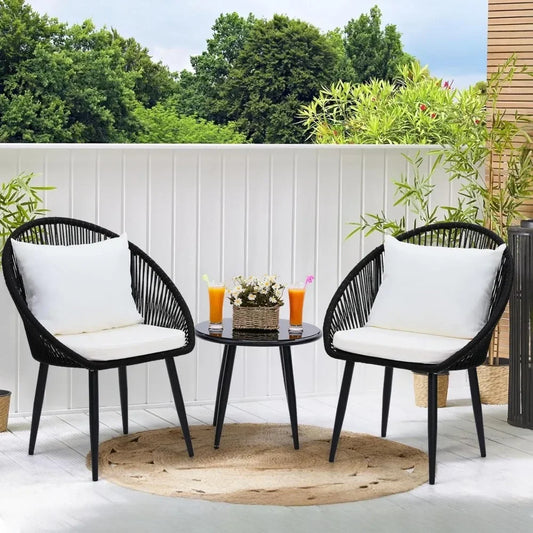 3-Piece Outdoor Bistro Set, Handwoven Rope Chairs with Cushions, All-Weather Patio Conversation Set & Side Table for Deck, Balcony, and Poolside