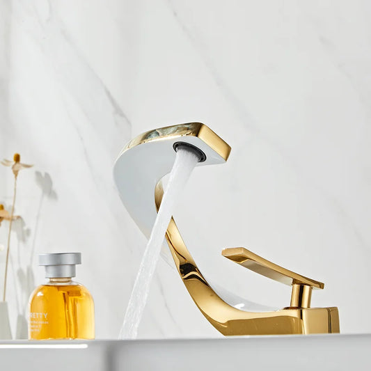 Elegant White and Gold Bathroom Basin Faucet – Deck Mounted Mixer Tap