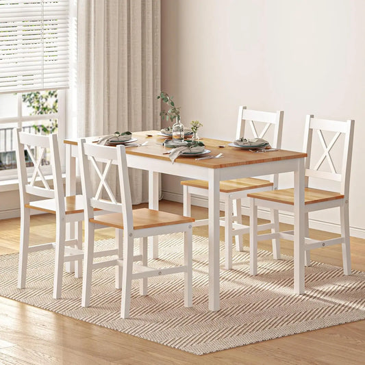 Dining Table Set for 4, 42.5 inch Pine Wood Dining Room Table with 4 Chairs, 5-Piece Kitchen Table Chairs Set for Small Sp