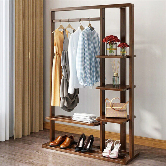 3-in-1 Bamboo Hall Tree with Shelves, Shoe Bench, and Hanging Rod – Compact Clothes Organizer for Entryway & Bedroom