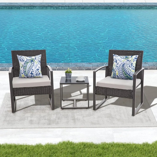 3-Piece Outdoor Willow Bar Reception Set, Courtyard Furniture with Soft Cushions and Glass Tabletop