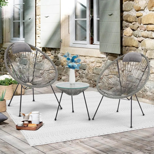 3-Piece Wicker Bar Set with Pillows and Glass Tabletop, All-Weather Outdoor Rattan Reception Set, Terrace Chairs