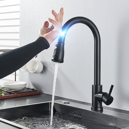 Touch-Sensitive Pull-Out Kitchen Faucet with Mixer and Pull-Down Sprayer