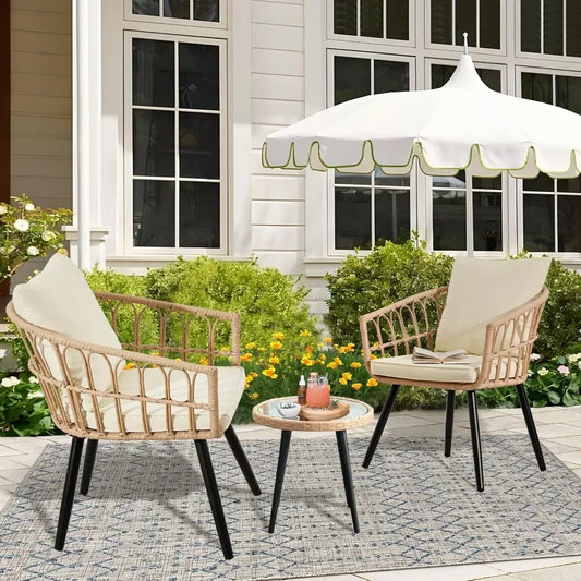 3 Piece Patio Bistro Sets, Outdoor Wicker Furniture Set, All-Weather Rattan Chairs Conversation Set with Cushions Round Table