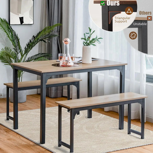 3-Piece Dining Table Set for 4, 43.5" Modern Kitchen Table Set w/2 Benches & Metal Frame, Space Saving Dining Room Table Set