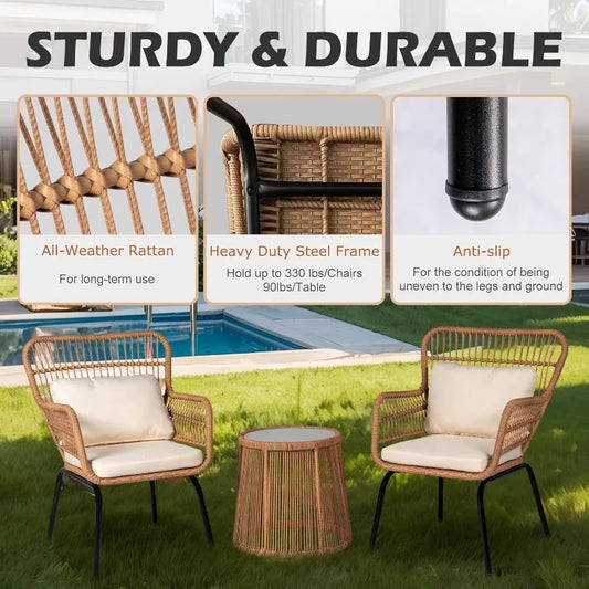 3 Piece Outdoor Wicker Furniture Bistro Set, Rattan Chairs Conversation Sets Porch Furniture, Wicker Patio Furniture for Balcony