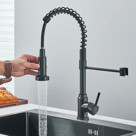 Stylish Chrome Spring Pull-Down Kitchen Faucet – Hot and Cold Water Mixer